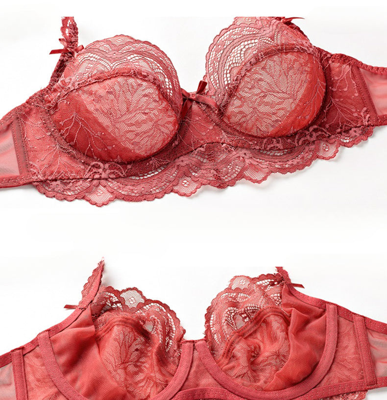 European and American Sexy Lingerie Ultra-thin Hollow Out Large Bust Minimizing Lace Plus Size Bra Set