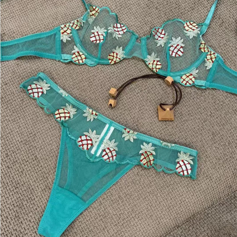 Women's Ultra-Thin See-Through Pineapple Embroidery Lace Bra Set for Large Busts, Minimizing and Anti-Sagging
