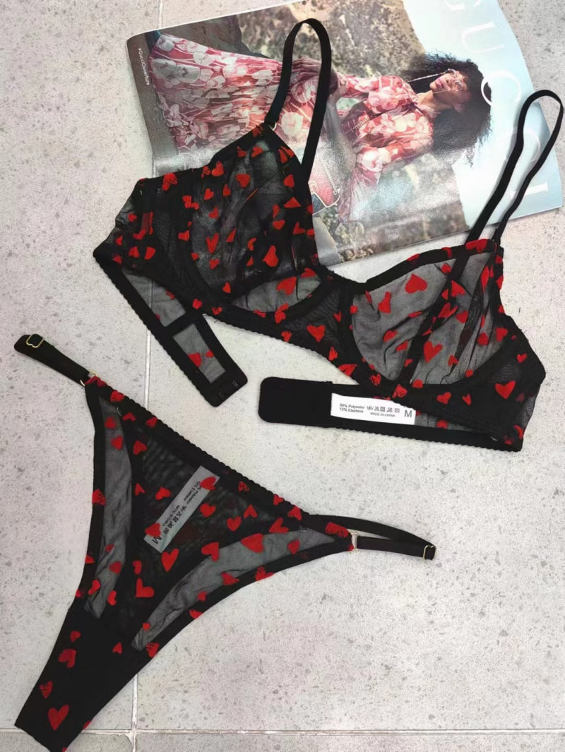 Sexy Lingerie Ultra-Thin Mesh Heart Print Lace Bra Large Bust Minimizer Erotic Lingerie
