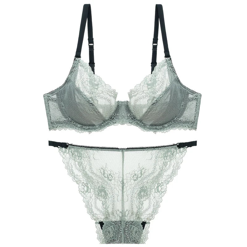 French Style Ultra-Thin Transparent Bra for Large Busts, Minimizing Effect, Plus Size, Anti-Sagging, Lift-Up Lace Set
