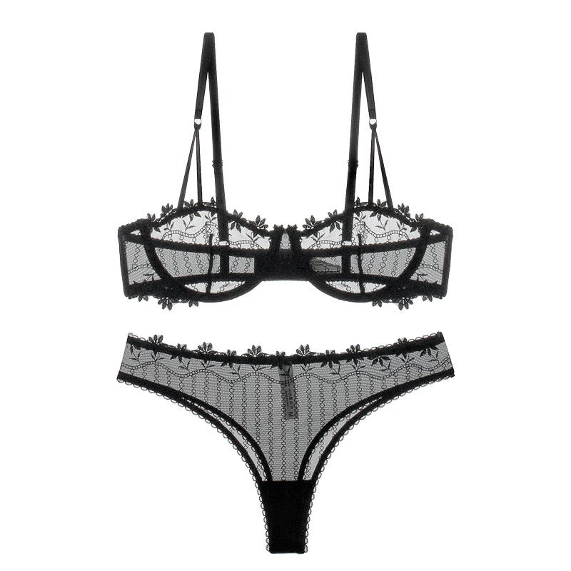 Sexy Lace Lingerie See-through Embroidery Erotic Lingerie Big Chest Minimizer Plus Size Bra Set