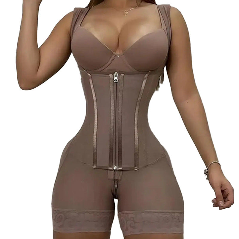 13 bone shaping jumpsuit with zipper button waist, raised hips, and chest