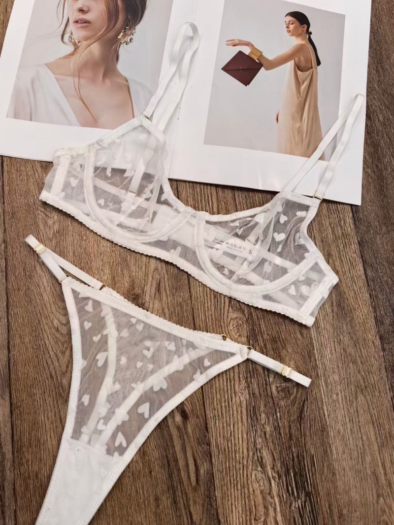 Sexy Lingerie Ultra-Thin Mesh Heart Print Lace Bra Large Bust Minimizer Erotic Lingerie