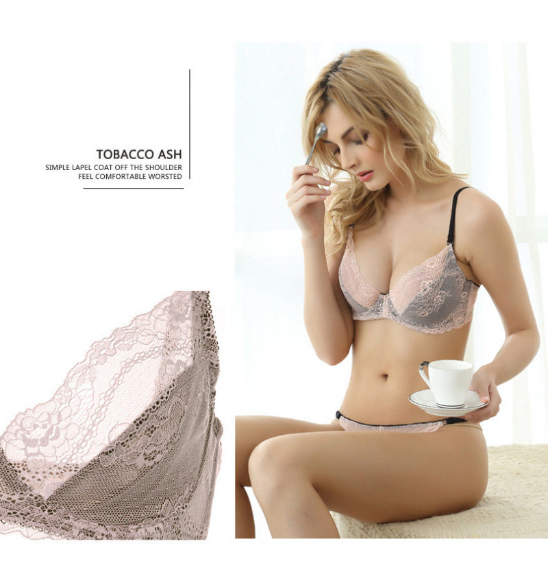 European and American Sexy Summer Ultra-Thin Transparent Lace Large Bust Minimizing Anti-Sagging Lift Set