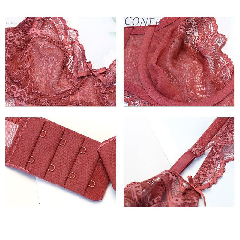 European and American Sexy Lingerie Ultra-thin Hollow Out Large Bust Minimizing Lace Plus Size Bra Set