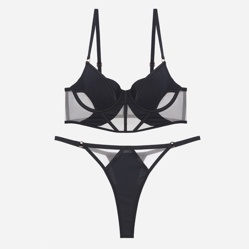 Sexy French Style Lingerie Thin Cotton Sheer Mesh Fishbone Design Side Breast Support Anti-Sagging Set