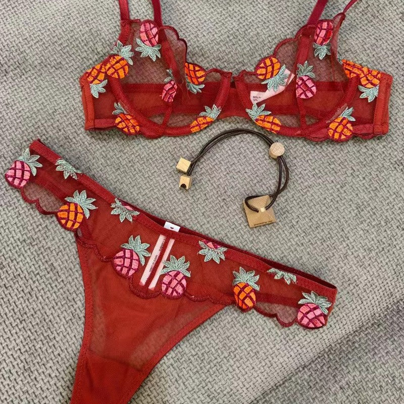 Women's Ultra-Thin See-Through Pineapple Embroidery Lace Bra Set for Large Busts, Minimizing and Anti-Sagging