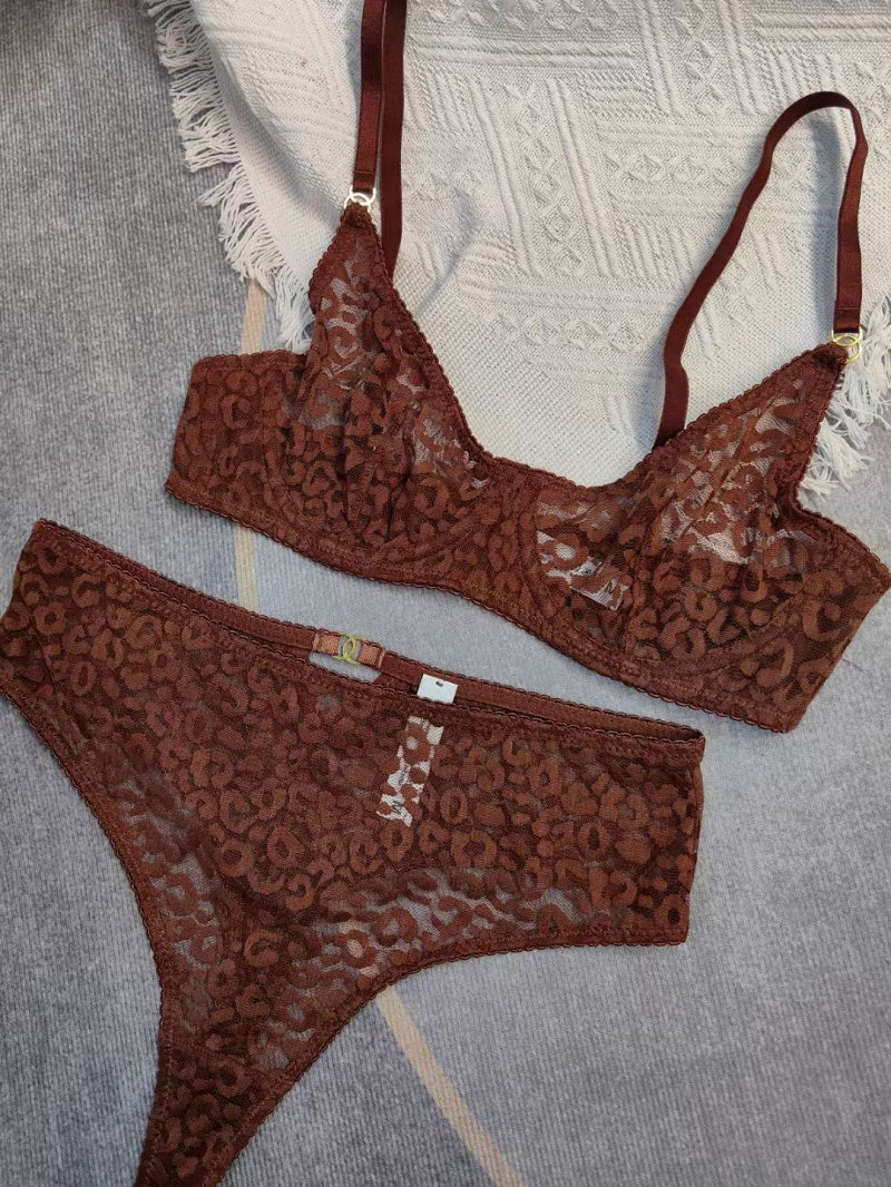 French Style Women's Ultra-Thin See-Through Jacquard Lace Sexy Lingerie Set for Large Busts, Minimizing and Anti-Sagging