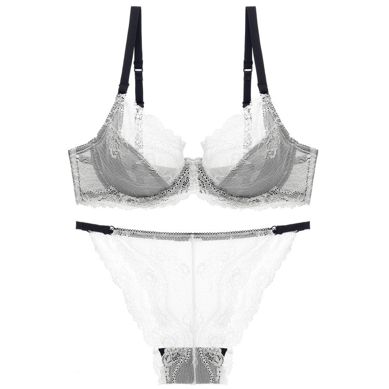 European and American Sexy Summer Ultra-Thin Transparent Lace Large Bust Minimizing Anti-Sagging Lift Set