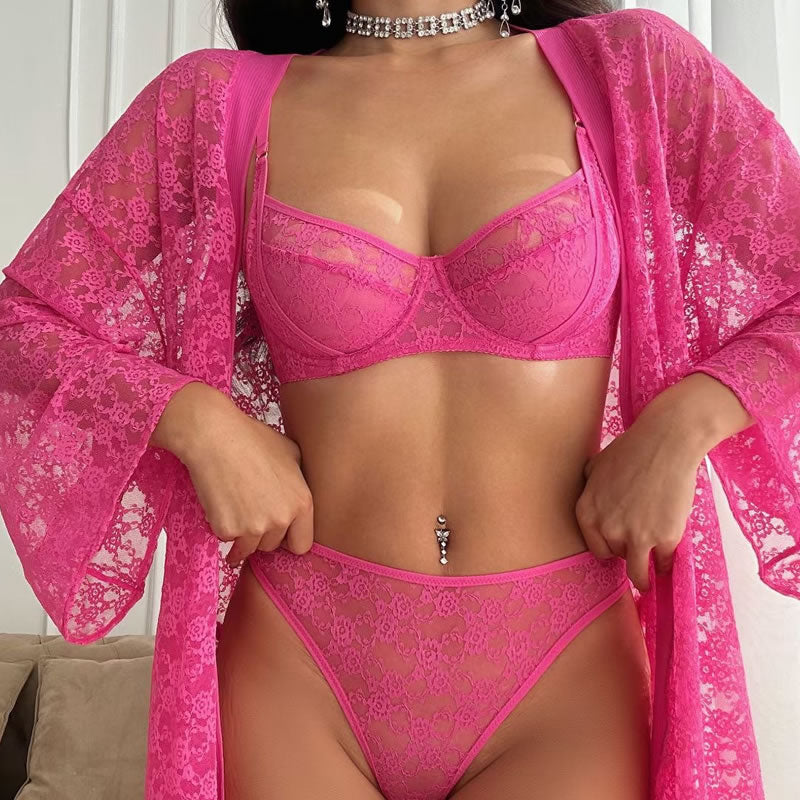 Sexy Lingerie French Style Summer Ultra-Thin See-Through Lace Lingerie Large Bust Minimizer Plus Size Erotic Bra Set