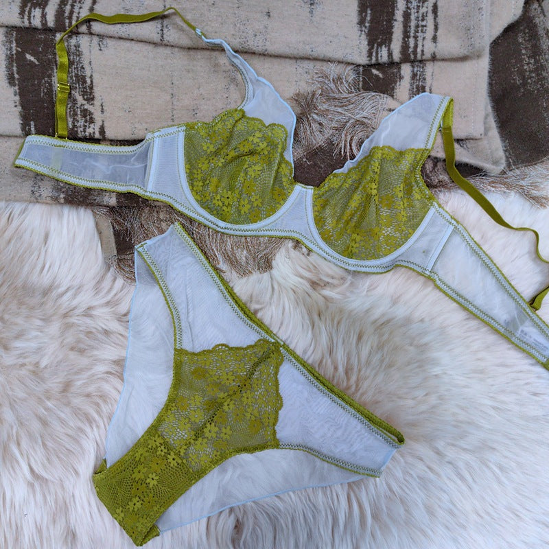 French Style Sexy Ultra-Thin Retro Color-Block Floral Embroidery Lace Large Bust Minimizing Lingerie Set