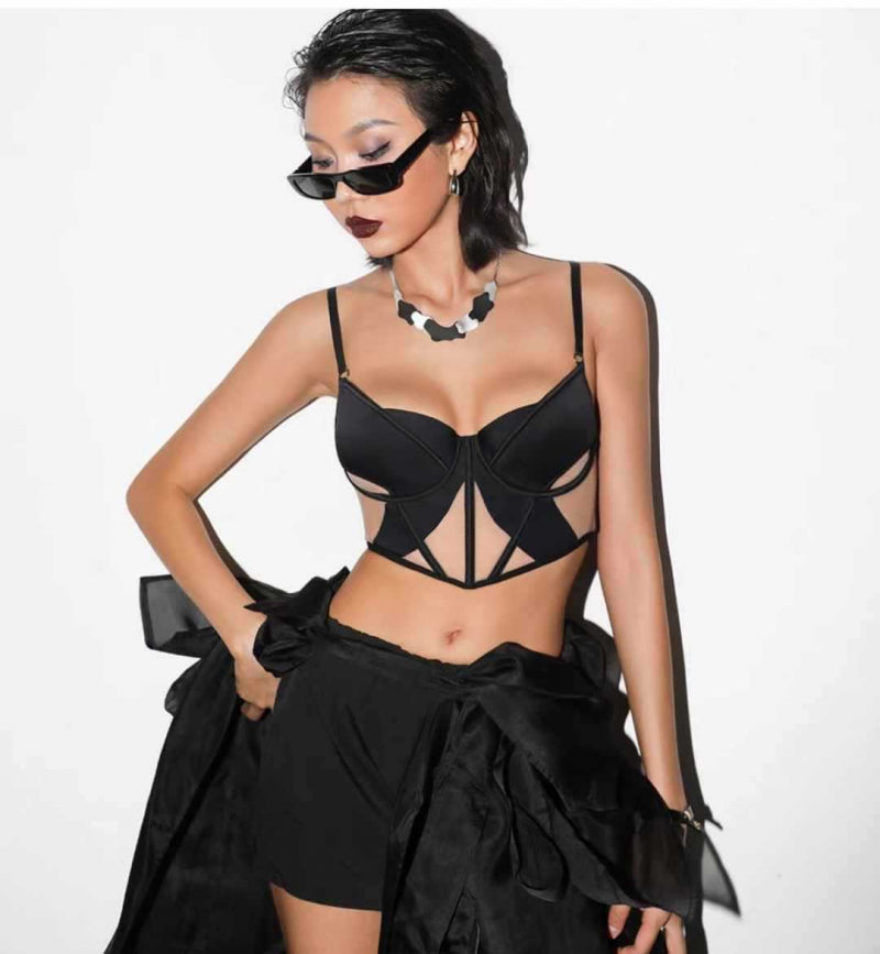 Sexy French Style Lingerie Thin Cotton Sheer Mesh Fishbone Design Side Breast Support Anti-Sagging Set
