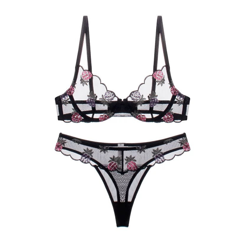 Women's Ultra-Thin See-Through Pineapple Embroidery Lace Bra Set for Large Busts, Minimizing and Anti-Sagging