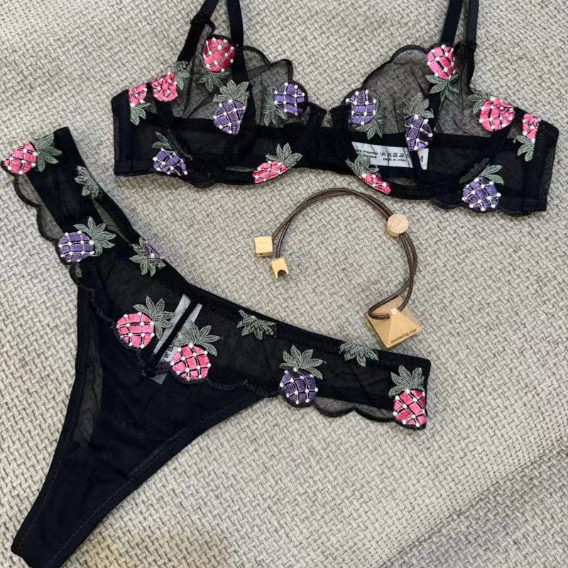 Women's Ultra-Thin See-Through Pineapple Embroidery Lace Bra Set for Large Busts, Minimizing and Anti-Sagging