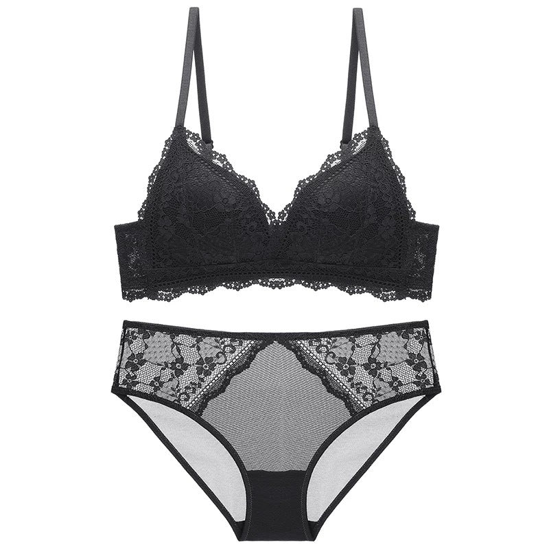 French Style Sexy Lace Thin Triangle Cup Wireless Push-Up Small Chest Lift Set