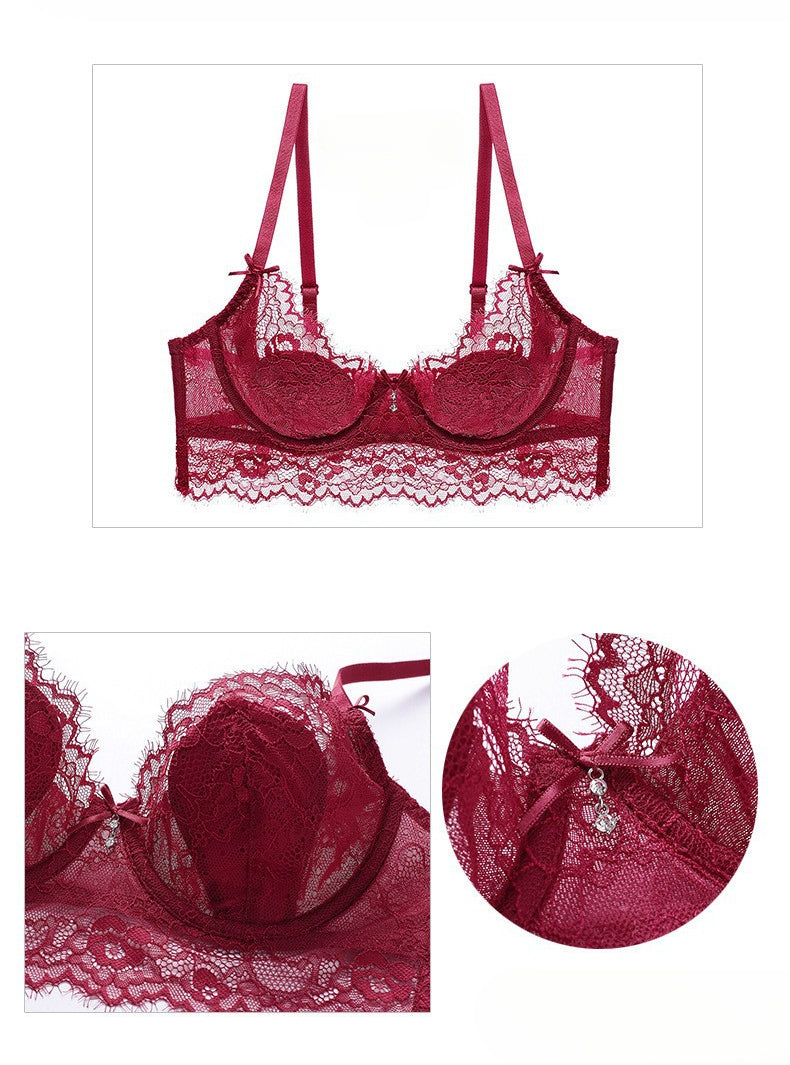 Sexy Eyelash Lace Thin Bunny Ear Cup French Style Large Bust Minimizer Plus Size Bra Set