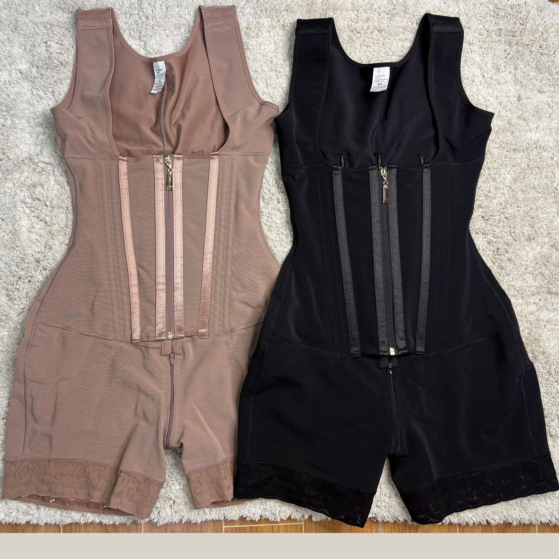 13 bone shaping jumpsuit with zipper button waist, raised hips, and chest