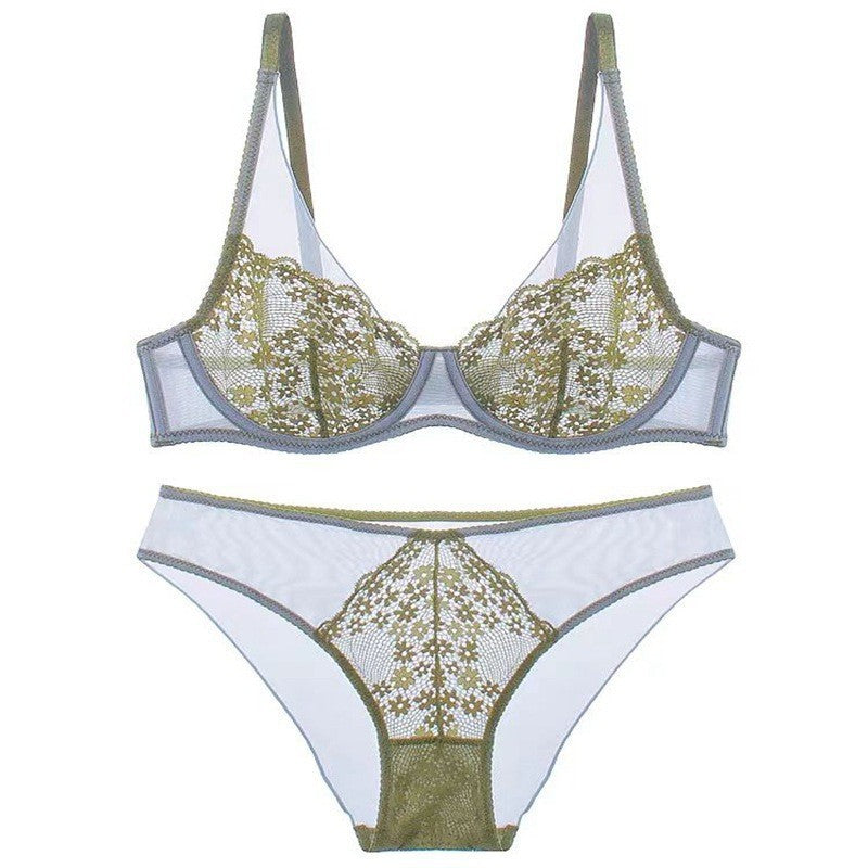 French Style Sexy Ultra-Thin Retro Color-Block Floral Embroidery Lace Large Bust Minimizing Lingerie Set