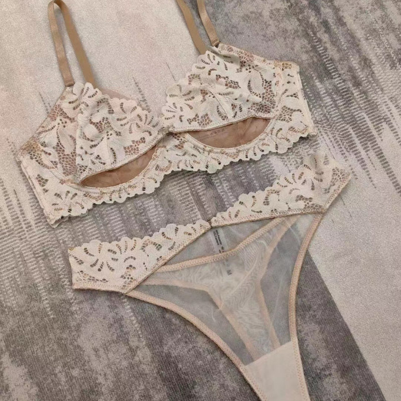 Sexy French Style Ultra-Thin Patchwork Embroidered Lace Large Bust Minimizing Anti-Sagging Summer Set
