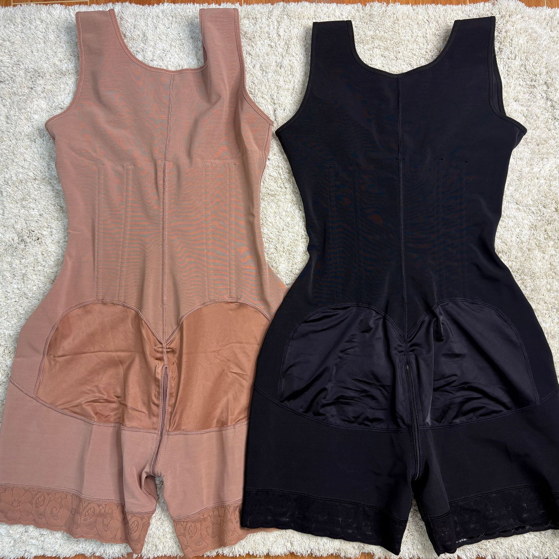 13 bone shaping jumpsuit with zipper button waist, raised hips, and chest