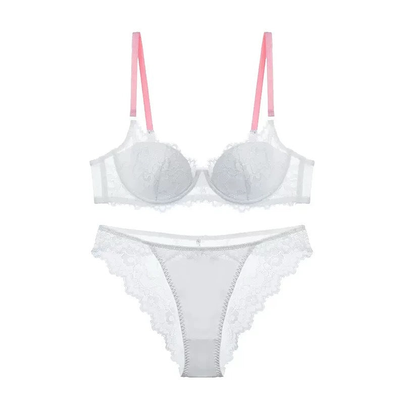 French Style Sexy Thin Dopamine Color-Block Lace Small Chest Enhancing Push-Up Set