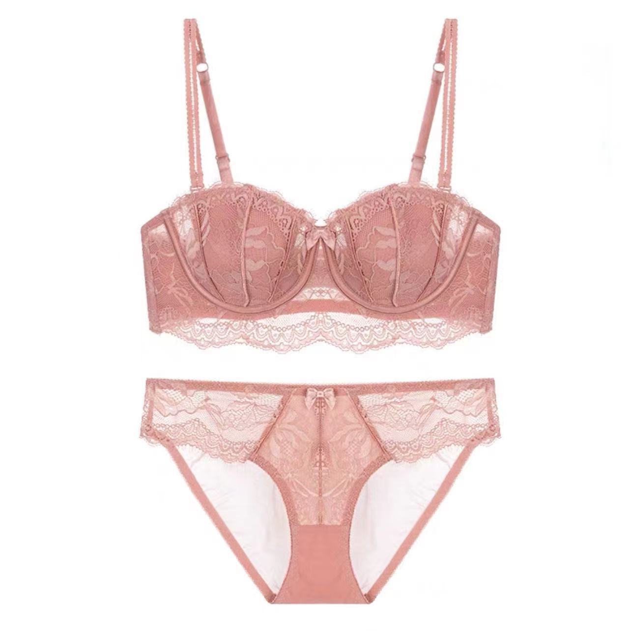 French Style Sexy Lace Half-Cup Strapless Anti-Slip Beautiful Back Large Bust Minimizing Set
