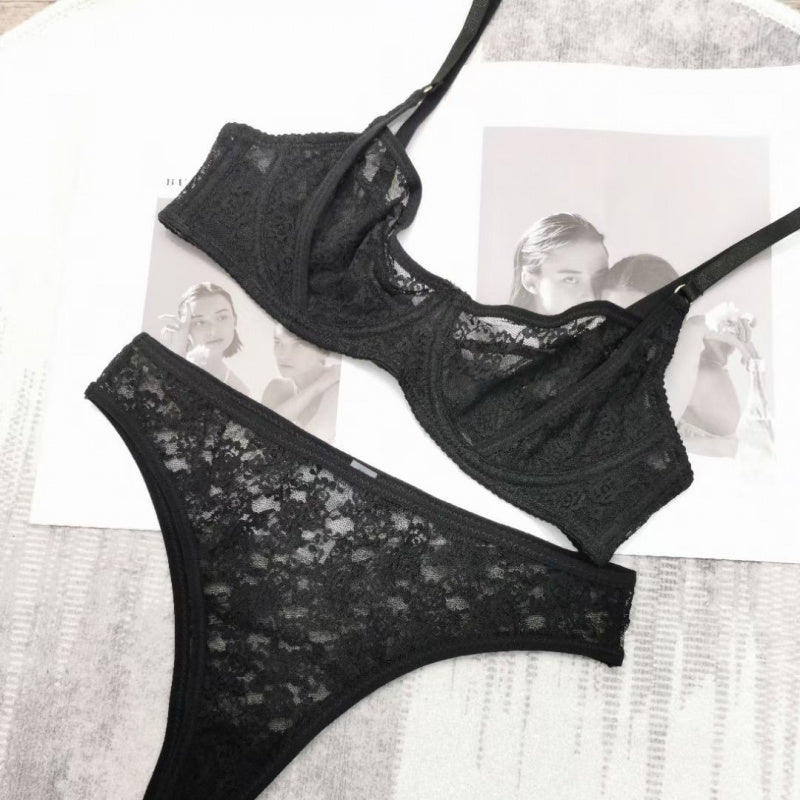 Sexy Lingerie French Style Summer Ultra-Thin See-Through Lace Lingerie Large Bust Minimizer Plus Size Erotic Bra Set