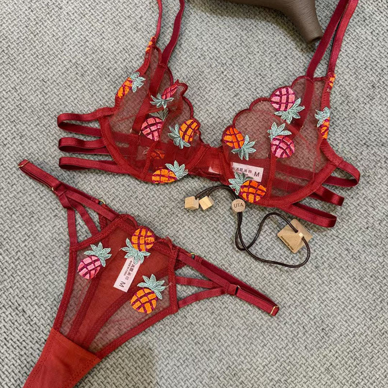 French Style Lingerie Sexy Ultra-Thin Pineapple Embroidery Lace Erotic Lingerie Big Chest Minimizing Anti-Sagging