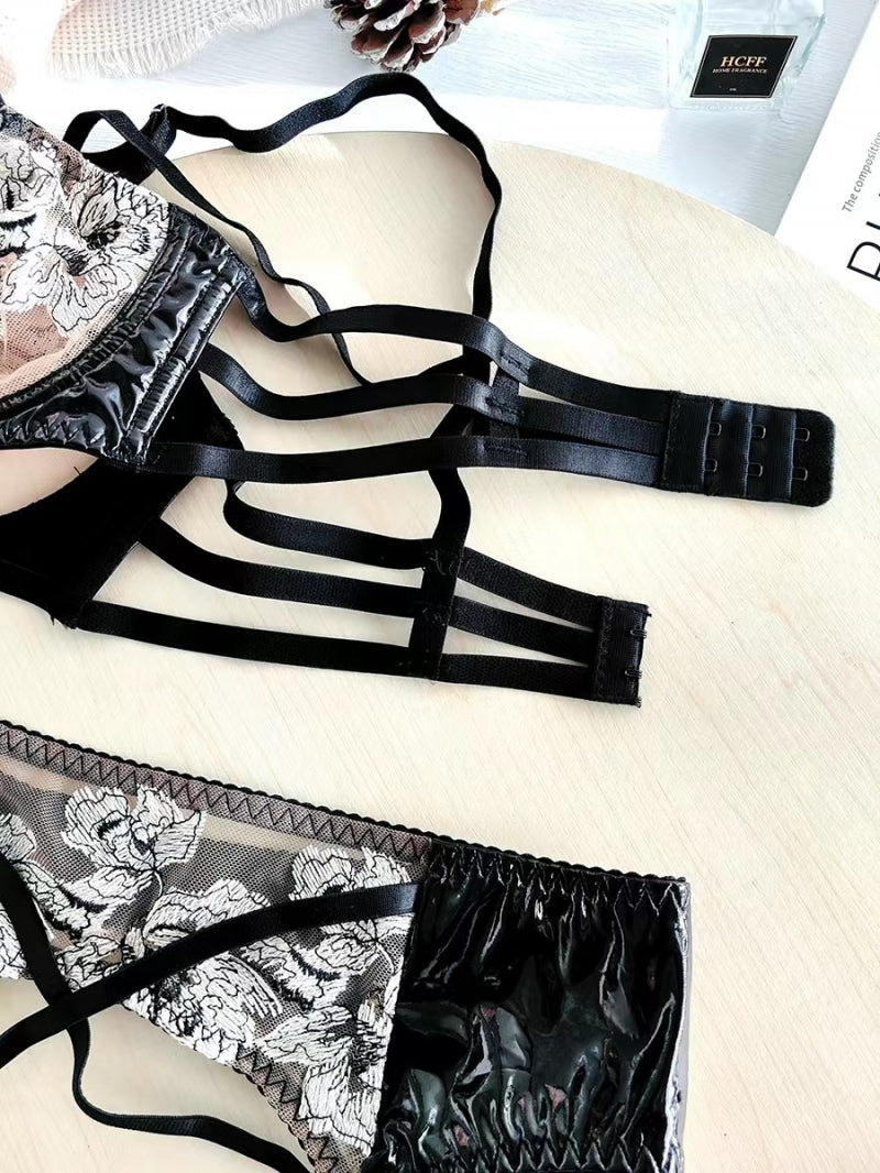 Sexy Ultra-Thin See-Through Embroidered Lace Leather Uniform Temptation Big Chest Minimizer Three-Piece Set