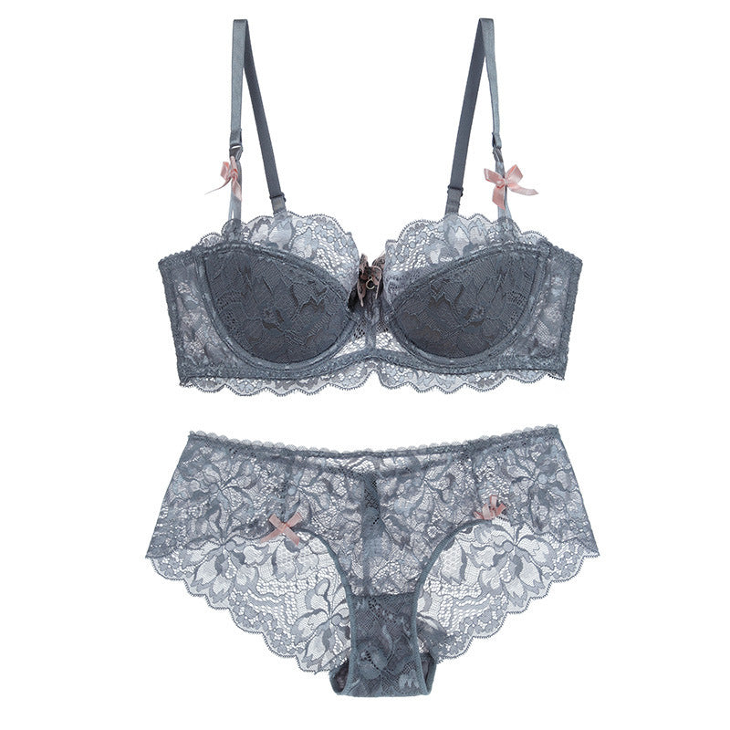 Sexy Lace Thin Cotton Large Bust Minimizer Plus Size Slightly Push-Up Anti-Sagging Lift Set