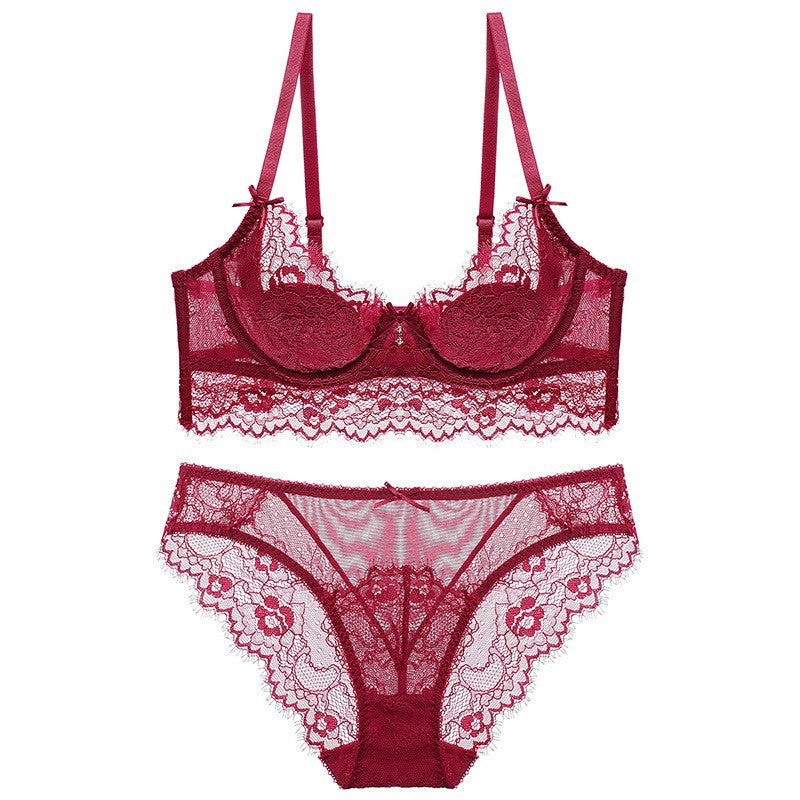 Sexy Eyelash Lace Thin Bunny Ear Cup French Style Large Bust Minimizer Plus Size Bra Set