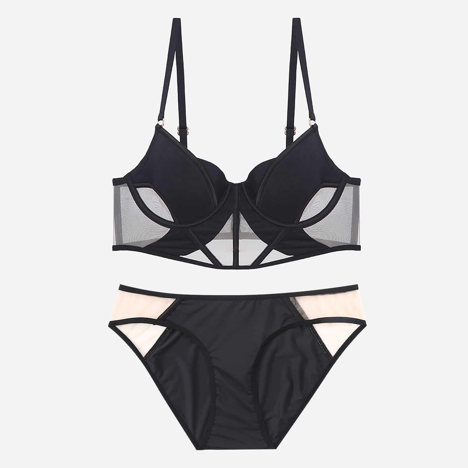Sexy French Style Lingerie Thin Cotton Sheer Mesh Fishbone Design Side Breast Support Anti-Sagging Set