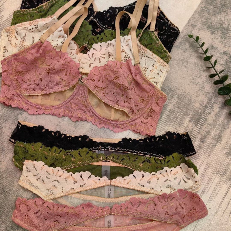 Sexy French Style Ultra-Thin Patchwork Embroidered Lace Large Bust Minimizing Anti-Sagging Summer Set