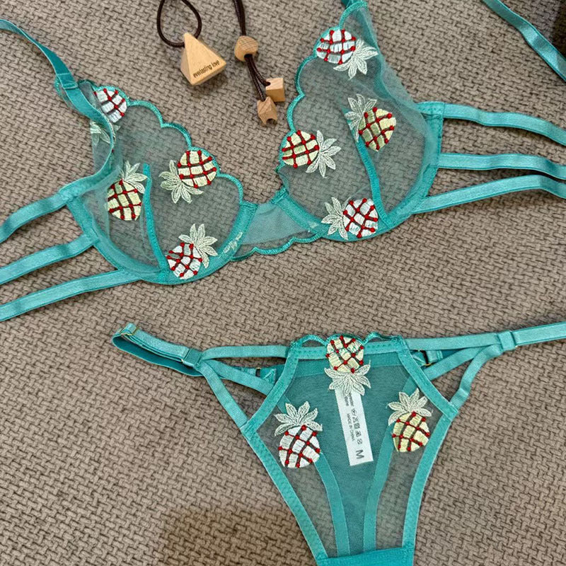 French Style Lingerie Sexy Ultra-Thin Pineapple Embroidery Lace Erotic Lingerie Big Chest Minimizing Anti-Sagging