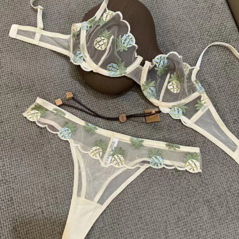 Women's Ultra-Thin See-Through Pineapple Embroidery Lace Bra Set for Large Busts, Minimizing and Anti-Sagging
