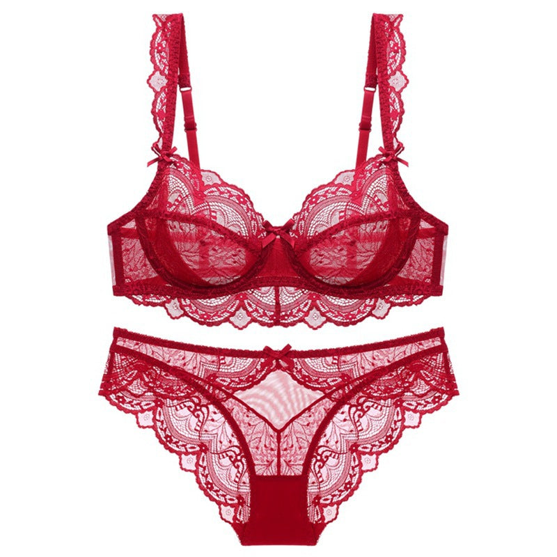 European and American Sexy Lingerie Ultra-thin Hollow Out Large Bust Minimizing Lace Plus Size Bra Set