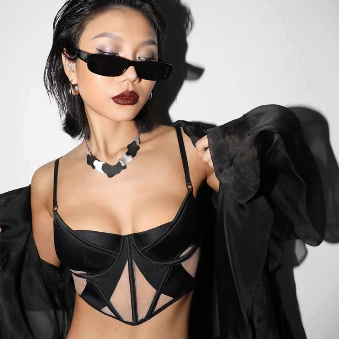 Sexy French Style Lingerie Thin Cotton Sheer Mesh Fishbone Design Side Breast Support Anti-Sagging Set