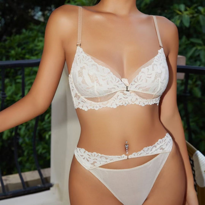 Sexy French Style Ultra-Thin Patchwork Embroidered Lace Large Bust Minimizing Anti-Sagging Summer Set