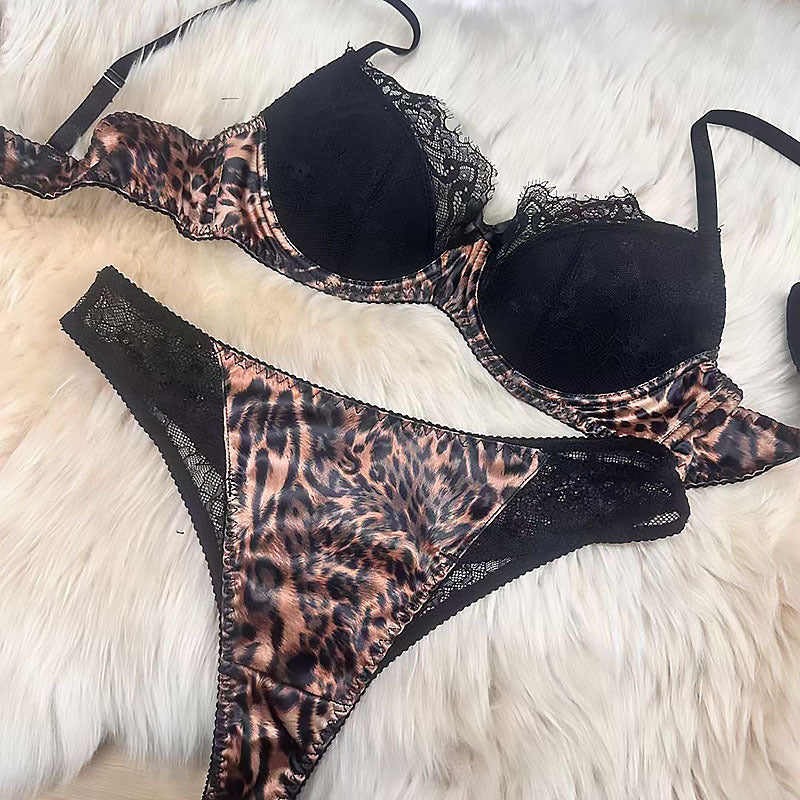 Sexy Leopard Print Thin Cotton Lace Patchwork Mesh French Lingerie Large Bust Minimizer Anti-Sagging Set