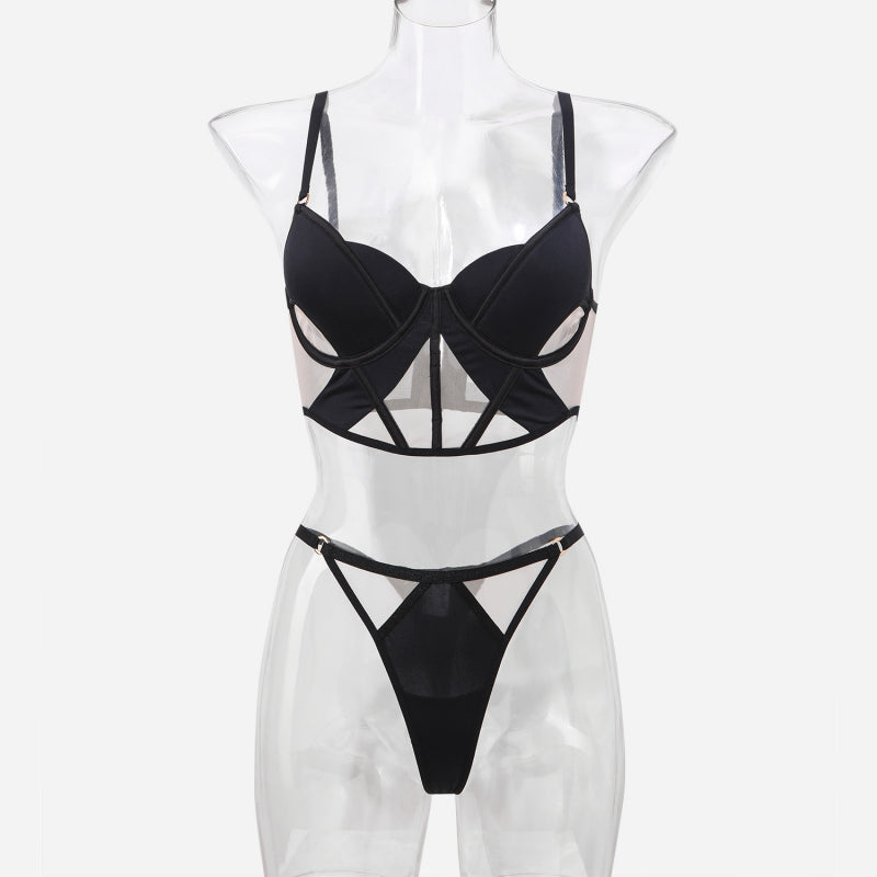 Sexy French Style Lingerie Thin Cotton Sheer Mesh Fishbone Design Side Breast Support Anti-Sagging Set