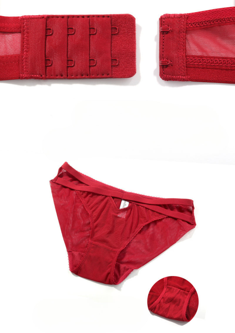 European and American Sexy Lingerie Small Chest Push-Up Anti-Sagging Red Mesh Bra Set