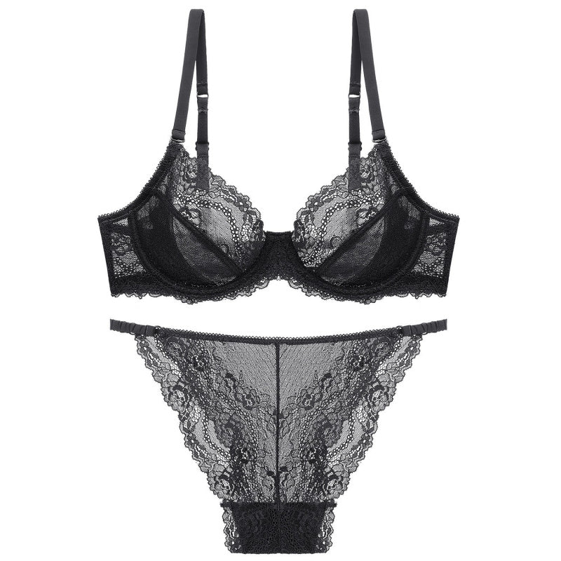 European and American Sexy Summer Ultra-Thin Transparent Lace Large Bust Minimizing Anti-Sagging Lift Set
