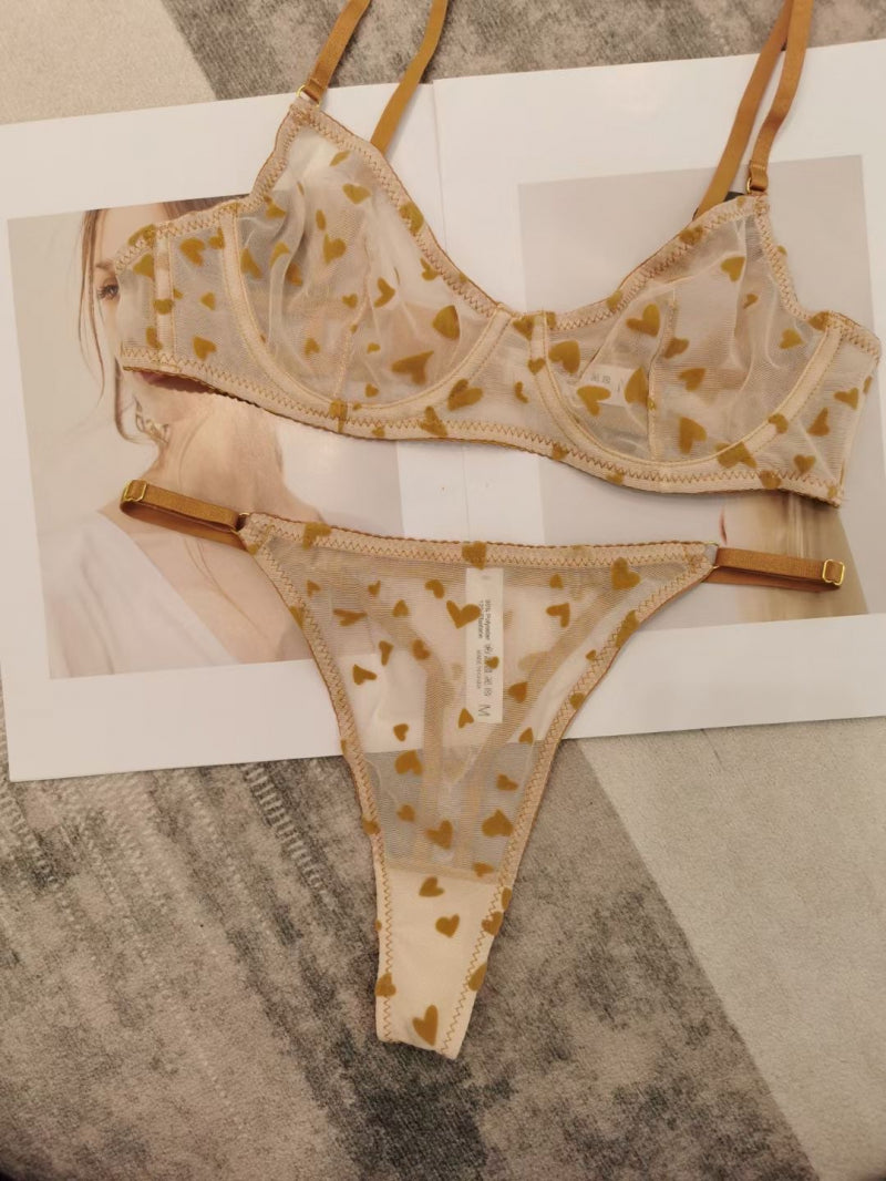 Sexy Lingerie Ultra-Thin Mesh Heart Print Lace Bra Large Bust Minimizer Erotic Lingerie