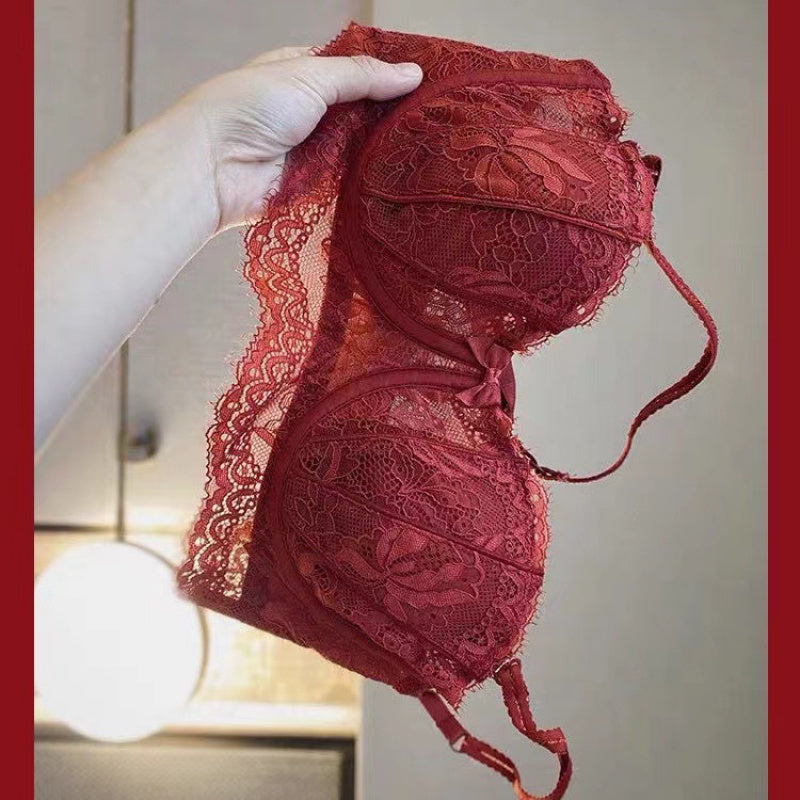 French Style Sexy Lace Half-Cup Strapless Anti-Slip Beautiful Back Large Bust Minimizing Set