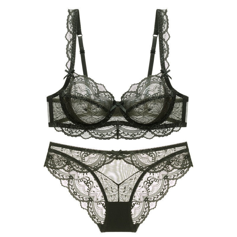 European and American Sexy Lingerie Ultra-thin Hollow Out Large Bust Minimizing Lace Plus Size Bra Set