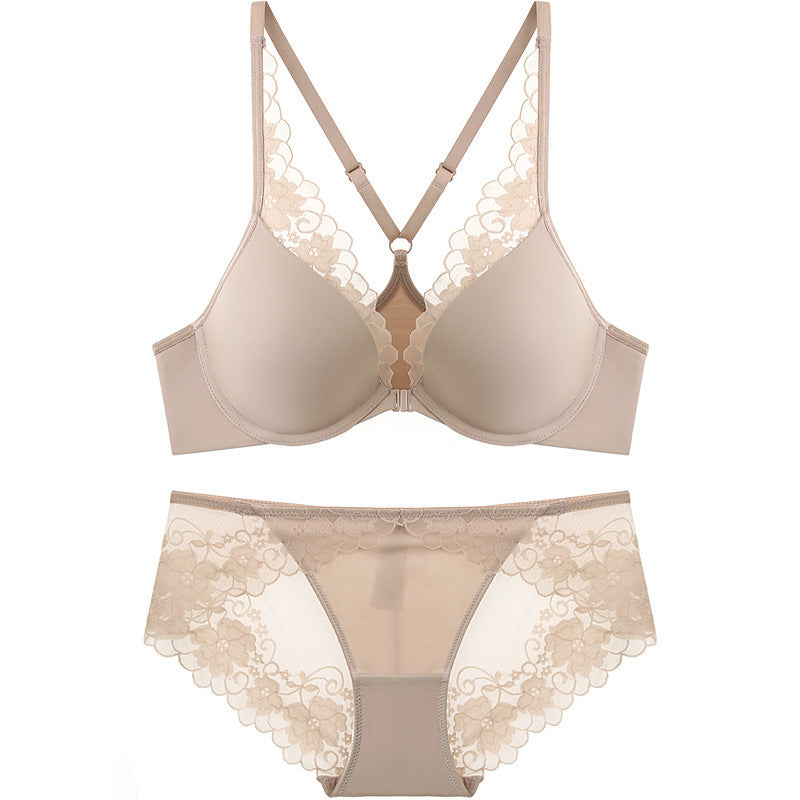 European and American Style Sexy Thin Large Bust Minimizing Plus Size French Glossy Lace Front Buckle Beautiful Back Set