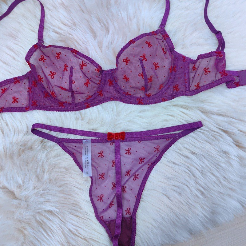 Sexy Lingerie Ultra-thin Sheer Flocked Printed Mesh Large Bust Minimizer Bra Set