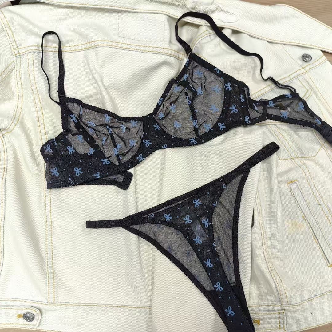 Sexy Lingerie Ultra-thin Sheer Flocked Printed Mesh Large Bust Minimizer Bra Set