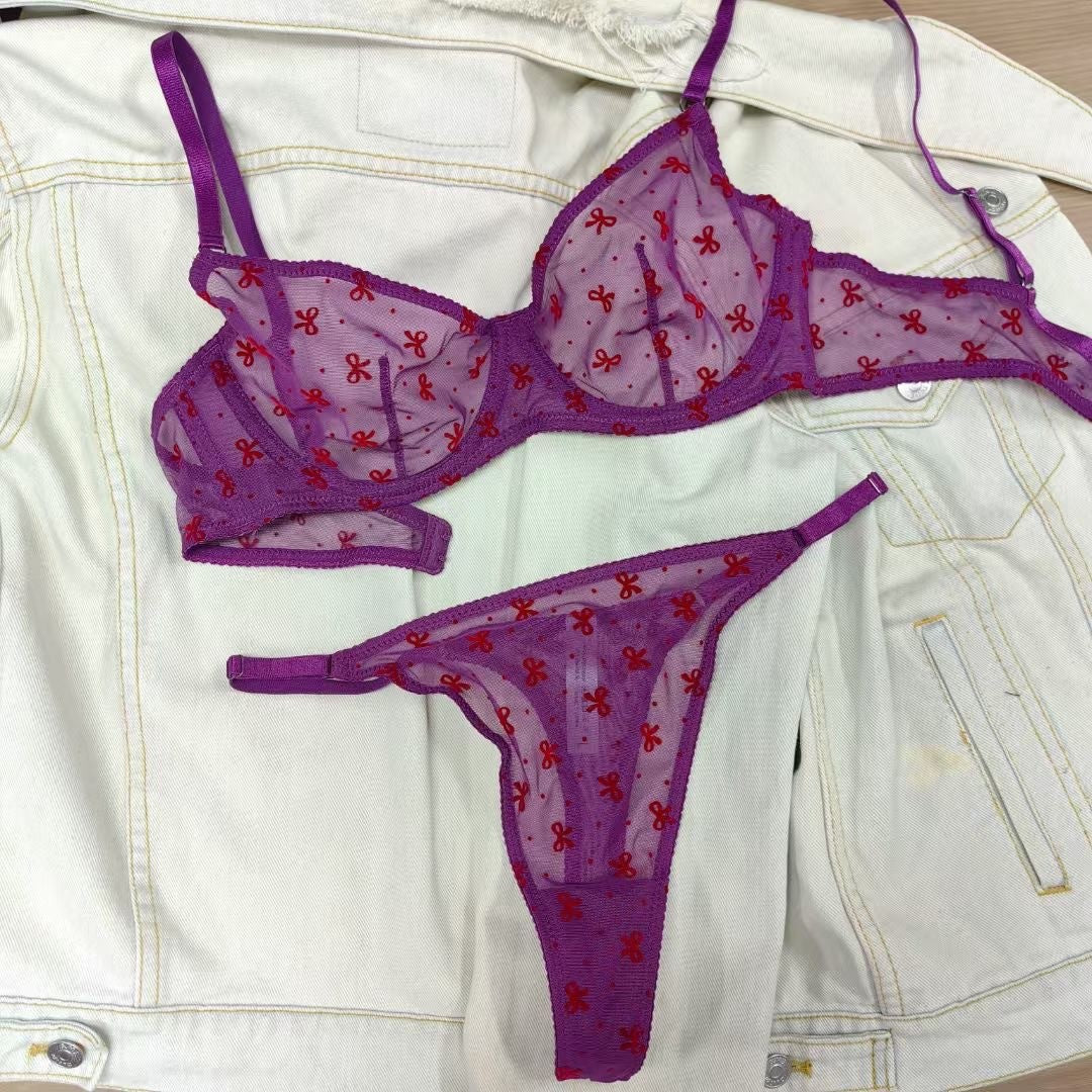 Sexy Lingerie Ultra-thin Sheer Flocked Printed Mesh Large Bust Minimizer Bra Set