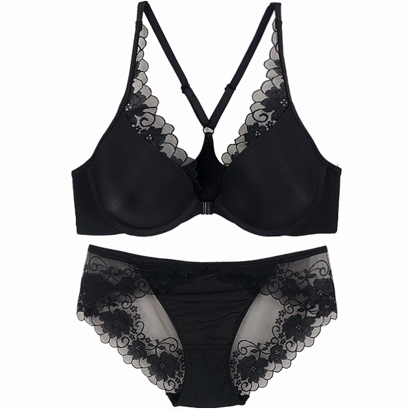European and American Style Sexy Thin Large Bust Minimizing Plus Size French Glossy Lace Front Buckle Beautiful Back Set